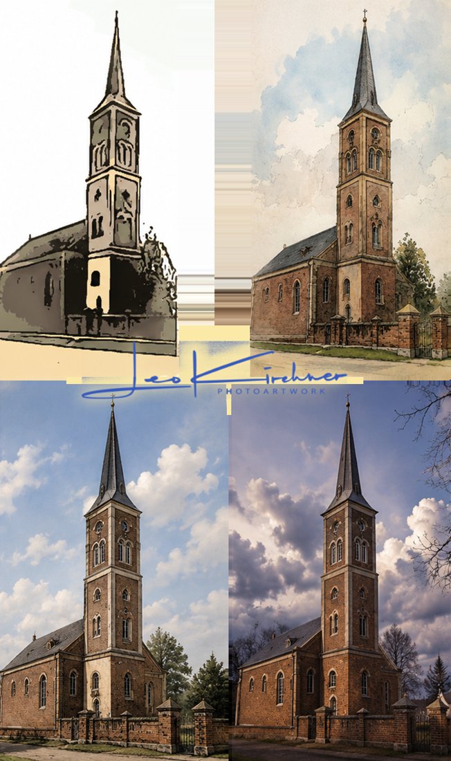 Vergleich einer historischen Kirchenansicht mit einer bearbeiteten Fassung.