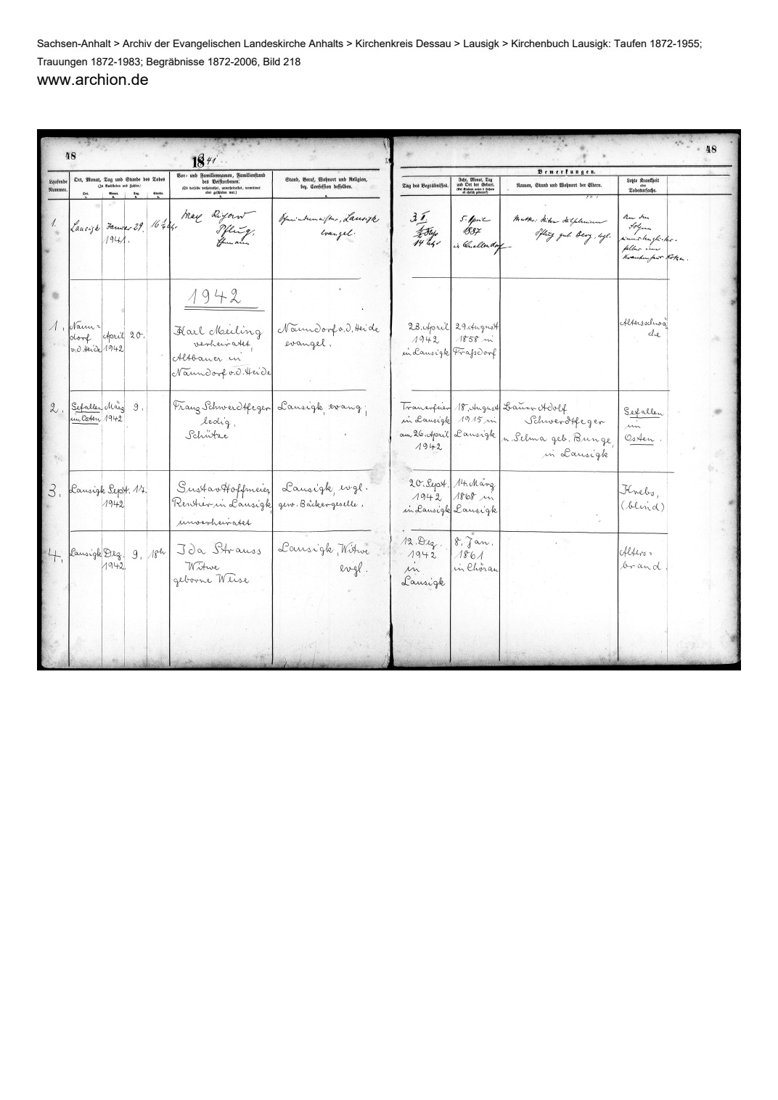 Begräbnisregister Lausigk · Bild 218 · PDF-Seite 1