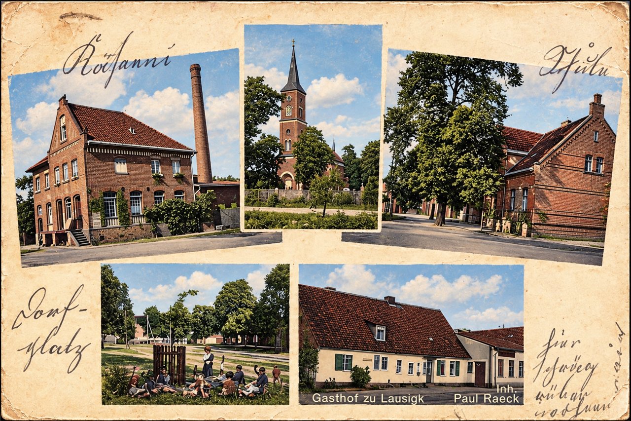 Gestaltete Postkarten-Collage mit Lausigker Dorfmotiven. Undatiert; als bearbeitete Darstellung überliefert.