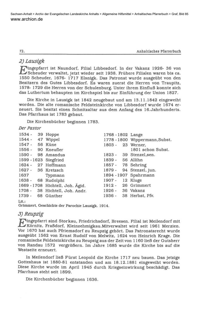 Anhaltisches Pfarrerbuch · Lausigk, S. 72 · PDF-Seite 1