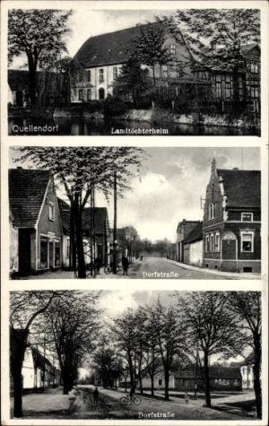 Quellendorf · Ansichtskarte mit einem als „Landtöchterheim“ beschrifteten Gebäude und Dorfstraßen. Undatiert.